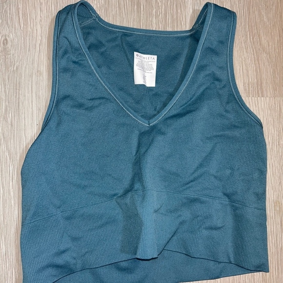 Athleta Tops - Athleta fitted ribbed crop vneck teal/ blue athletic tank top/ bra, Size large
